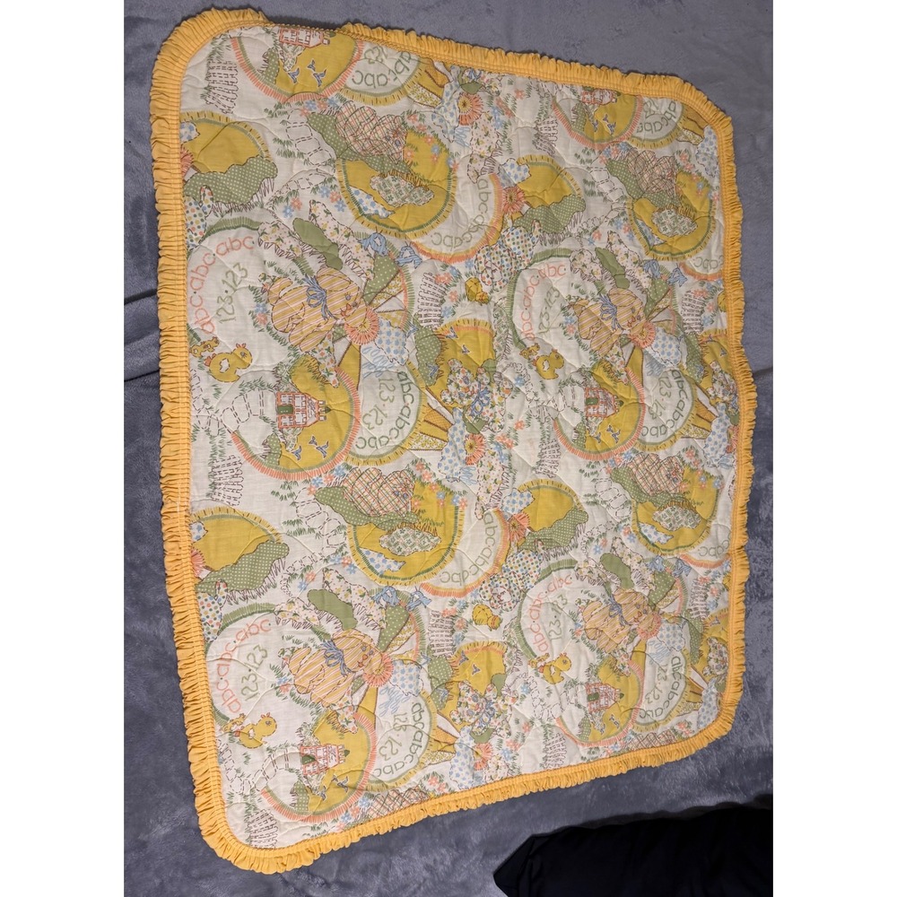 Vintage Sears Perma-Prest Baby Blanket Quilted Yellow Ruffle ABC 123 Puppy Duck